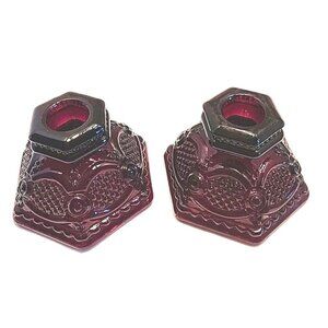 Vtg Avon 1876 Cape Cod Glass Decanters Ruby Red Candle Stick Holder - Set of 2
